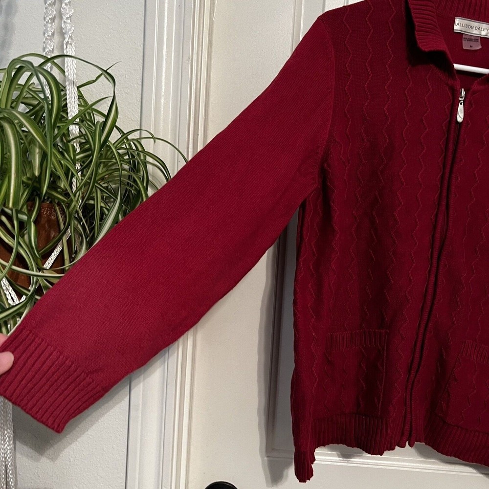 Allison Daley Cardigan Sweater Maroon Long Sleeve Textured Knit Full Zip Pockets - Picture 5 of 13